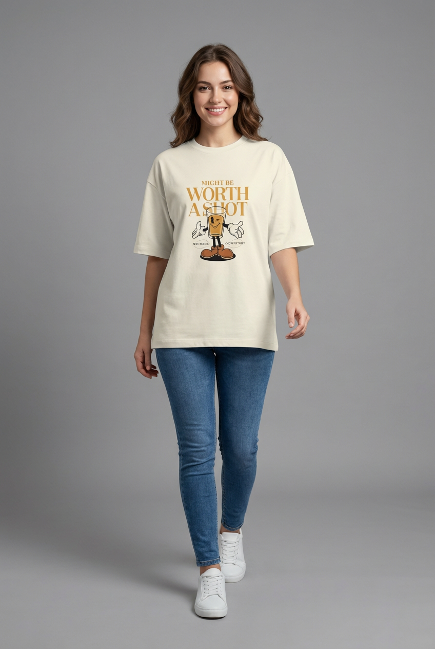"TAKE THE SHOT" Women's Oversized OFF WHITE T-Shirt