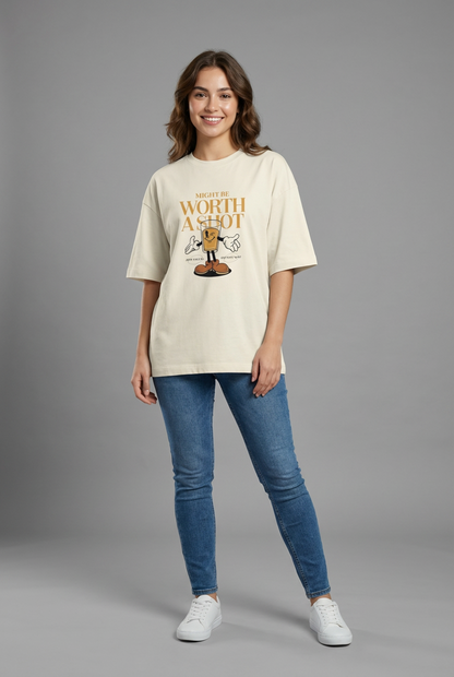 "TAKE THE SHOT" Women's Oversized OFF WHITE T-Shirt