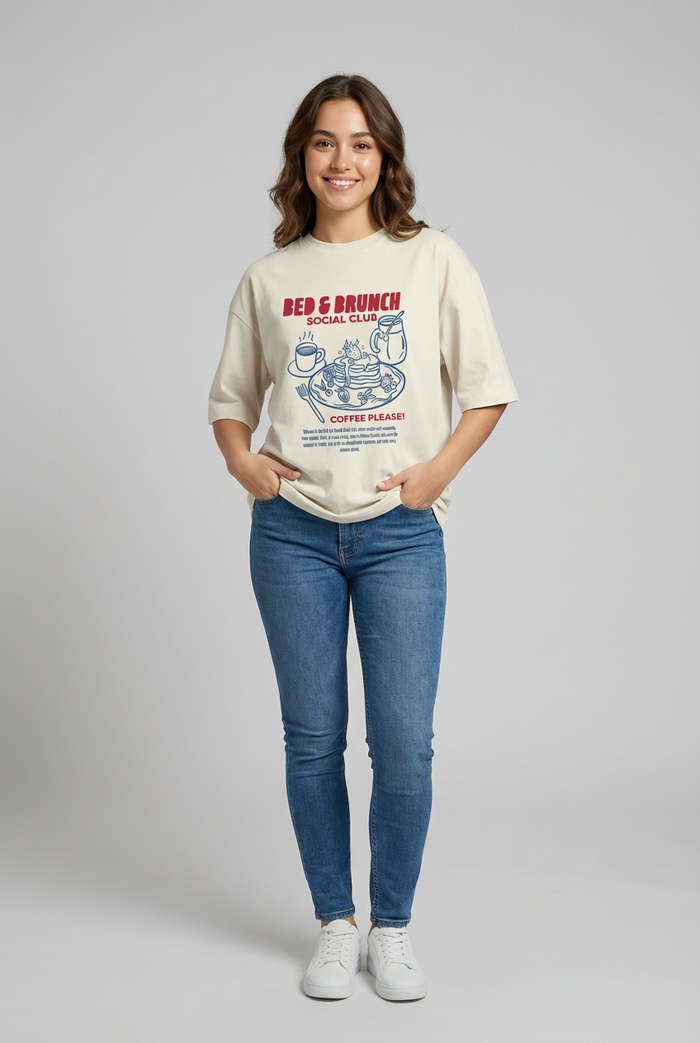 "BED & BRUNCH SOCIAL CLUB" Women's Oversized T-Shirt - Off White