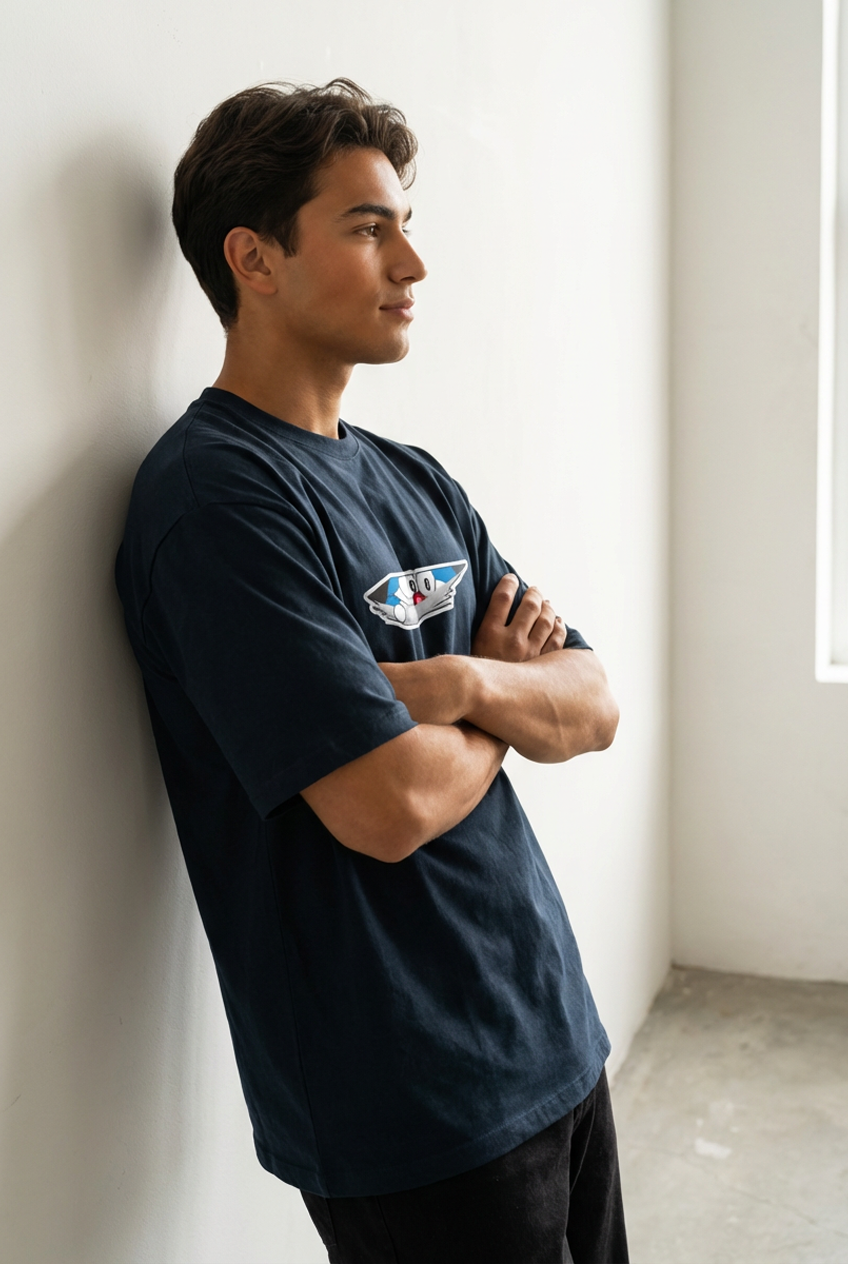 “DORAEMON THE TIME TRAVELER" Unisex Oversized NAVY BLUE T-Shirt