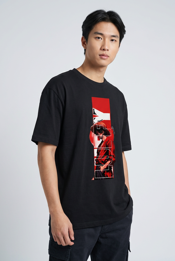 “GEAR FIFTH LUFFY" Oversized BLACK T-Shirt