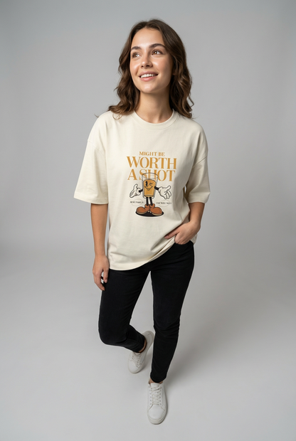 "TAKE THE SHOT" Women's Oversized OFF WHITE T-Shirt