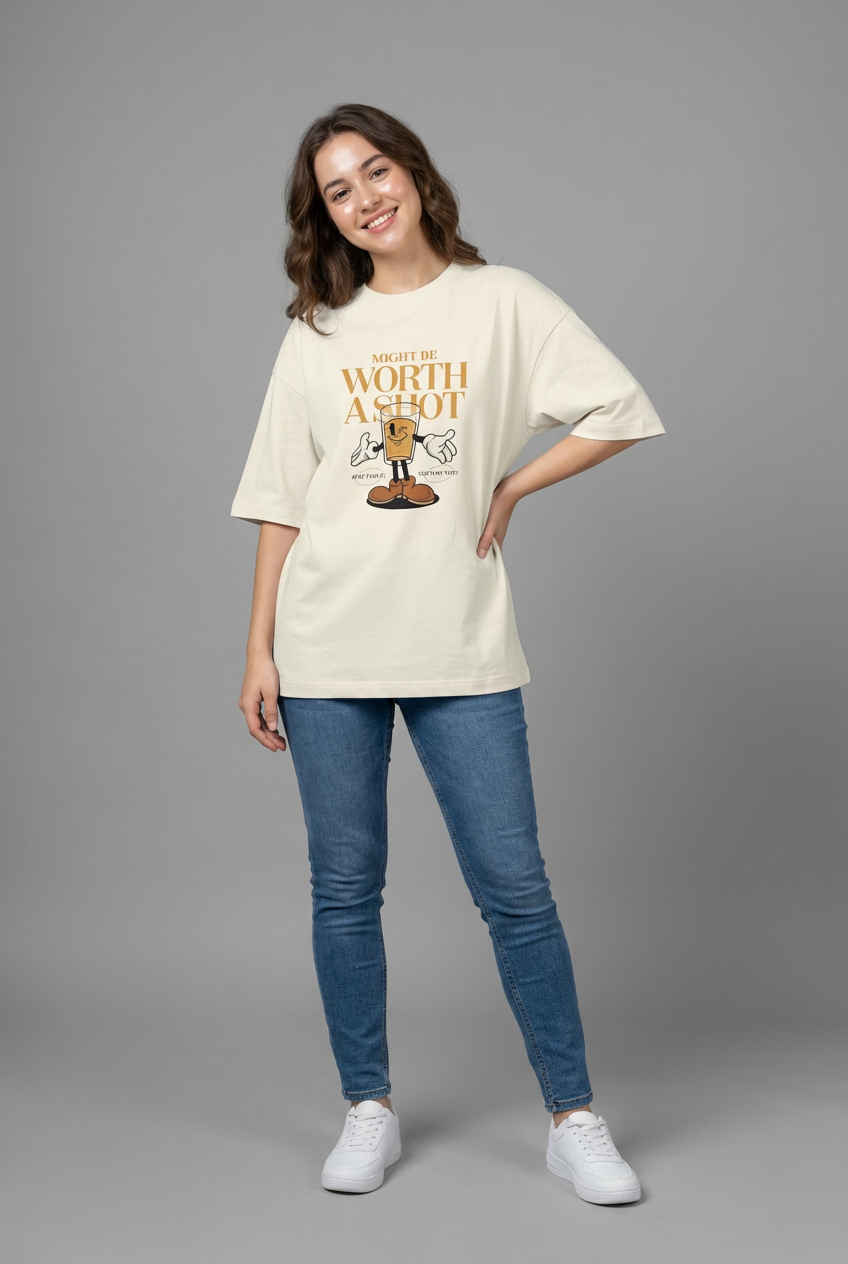 "TAKE THE SHOT" Women's Oversized OFF WHITE T-Shirt