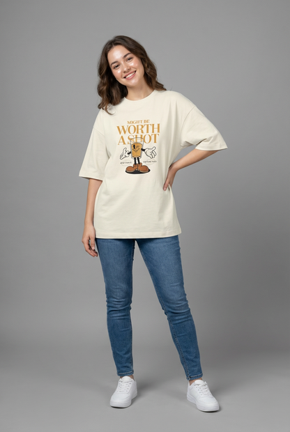 "TAKE THE SHOT" Women's Oversized OFF WHITE T-Shirt