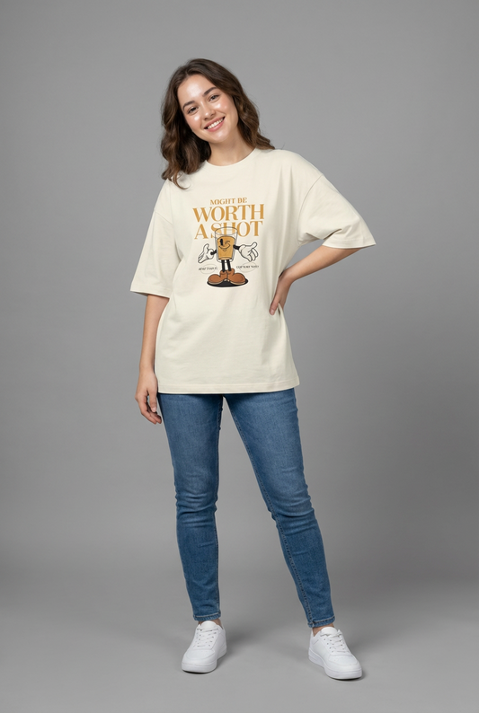 "TAKE THE SHOT" Women's Oversized OFF WHITE T-Shirt